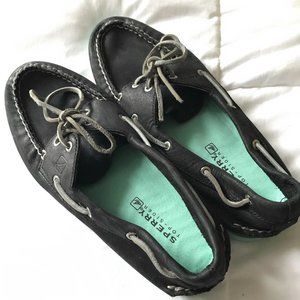 Sperry Black Boat Shoes Loafers  |  Teal soles  |  Never worn NWOT